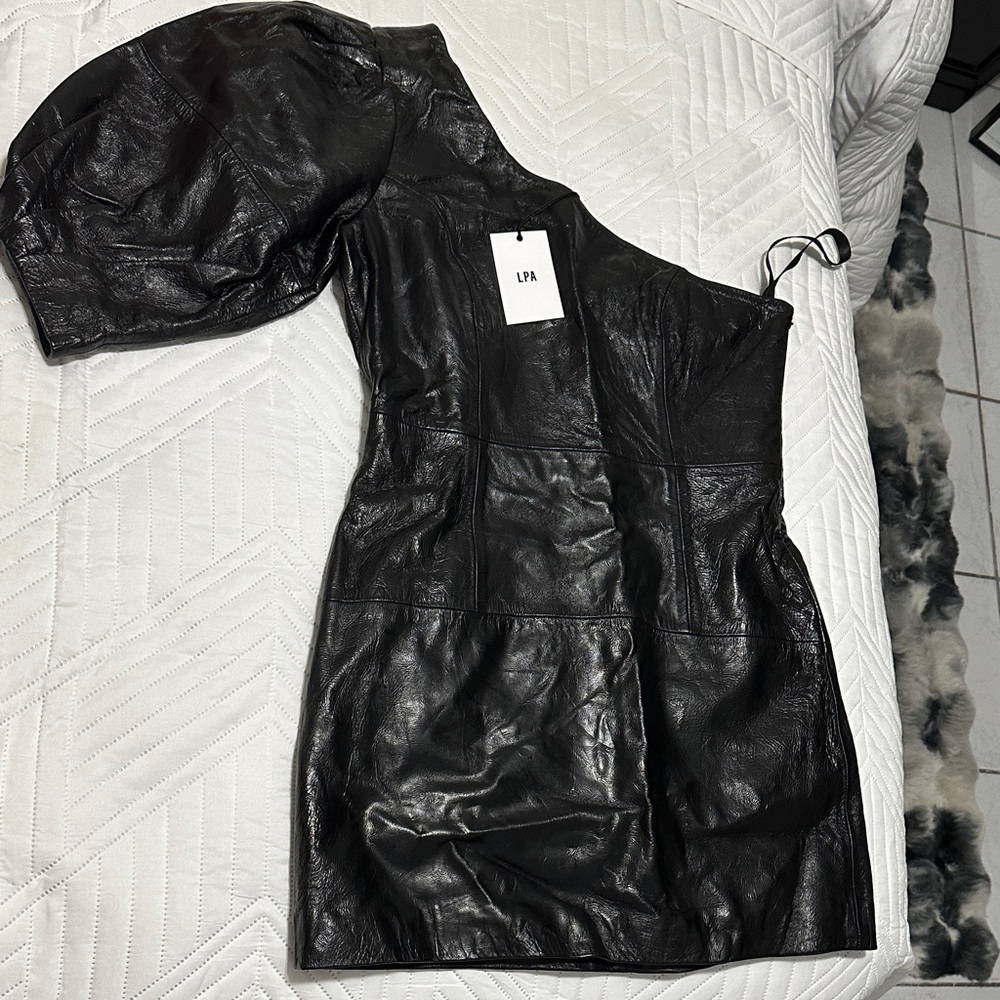 LPA One-Shoulder Black Leather Dress